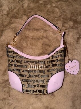 Juicy Couture Pink Trim Logo Canvas Shoulder Bag with Heart Charm